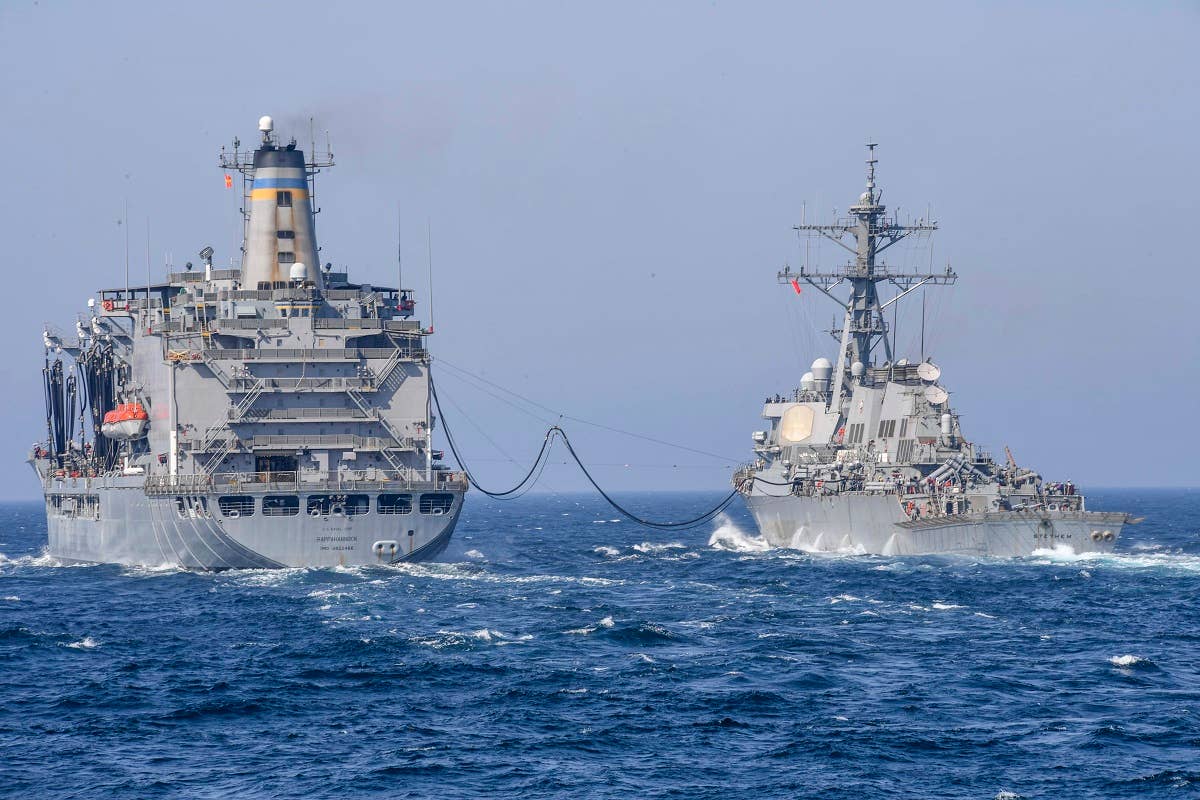 The Arleigh Burke-class guided-missile destroyer USS Stethem (DDG 63) receives fuel from the fleet replenishment oiler USNS Rappahannock (T-AO 204). The oiler is manned by merchant mariners. (U.S. Navy photo by Mass Communication Specialist 3rd Class Kelsey L. Adams/Released)