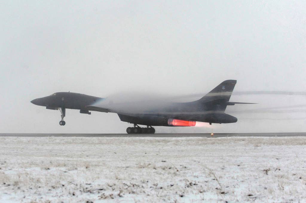 A B-1B Lancer takes off from Ellsworth Air Force Base, S.D., March 27, 2011, on a mission in support of Operation Odyssey Dawn. (U.S. Air Force photo/Staff Sgt. Marc I. Lane)