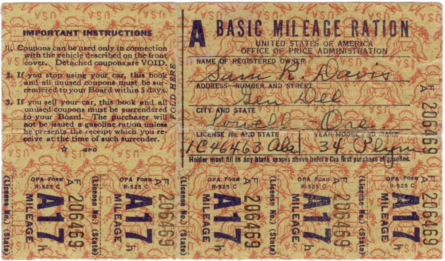 A ration book for gasoline in the United States. Ironically, the purpose was to conserve tires. (Wikimedia Commons)