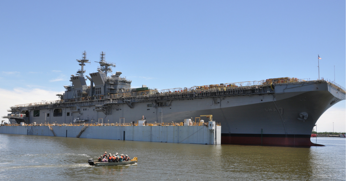The future USS Tripoli (LHA 7) is launched at Huntington Ingalls Industries. Tripoli was successfully launched after the dry-dock was flooded to allow it to float off for the first time. (U.S. Navy photo)