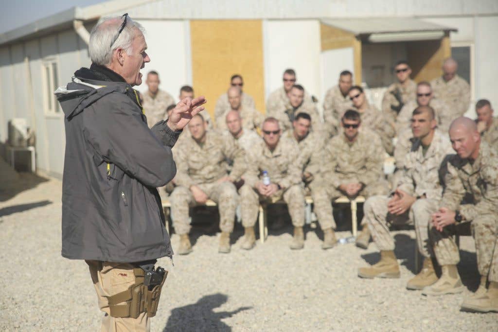 Secretary of the Navy Richard V. Spencer speaks with Marines and Sailors assigned to Task Force Southwest at Camp Shorab, Afghanistan, Dec. 23, 2017. (U.S. Marine Corps photo by Sgt. Lucas Hopkins)
