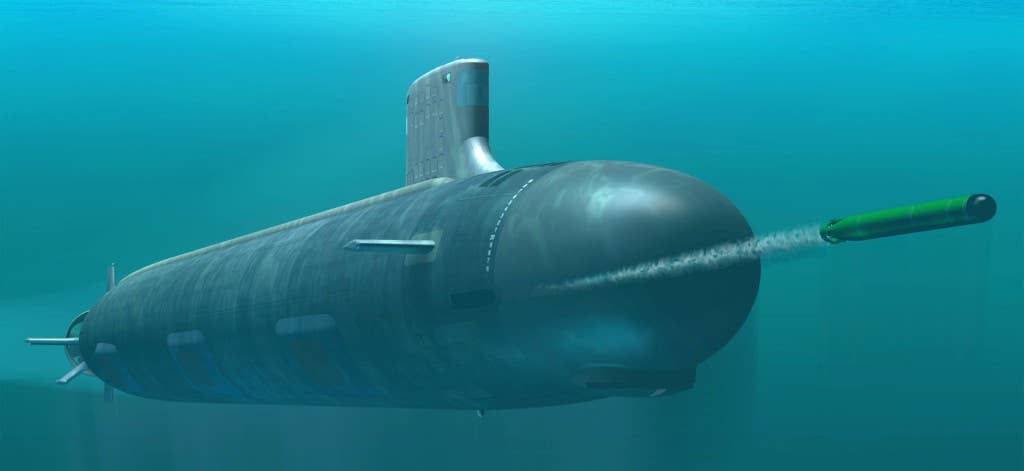 A Virginia-class attack submarine launches a torpedo. (Graphic by Department of Defense Ron Stern)