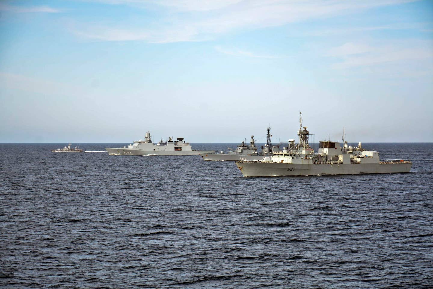 Allied and partner nation ships, including HDMS Nils Juel, an Iver Huitfeldt-class guided missile frigate (second from left), participate in close-quarters ship maneuvering drills during exercise Baltic Operations (BALTOPS) 2015. (U.S. Navy photo by Mass Communication Specialist 2nd Class Amanda S. Kitchner)