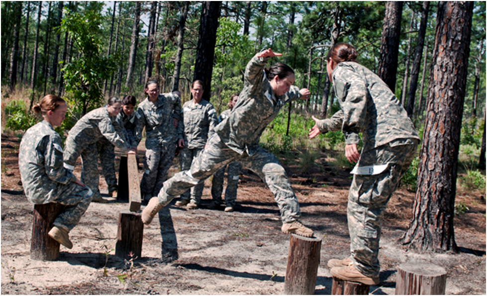 Female soldiers negotiate obstacles during the U.S. Army Special Operations Command's cultural support program which prepares all-female Soldier teams to serve as enablers supporting Army special operations combat forces in and around secured objective areas. (Photo by Staff Sgt. Russell Klika)