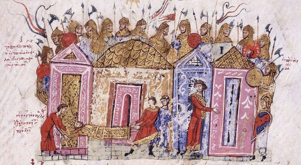 Varangian Guardsmen, an elite unit that served as bodyguards for Byzantine Emperors. (Image: an illumination from the Skylitzis Chronicle)