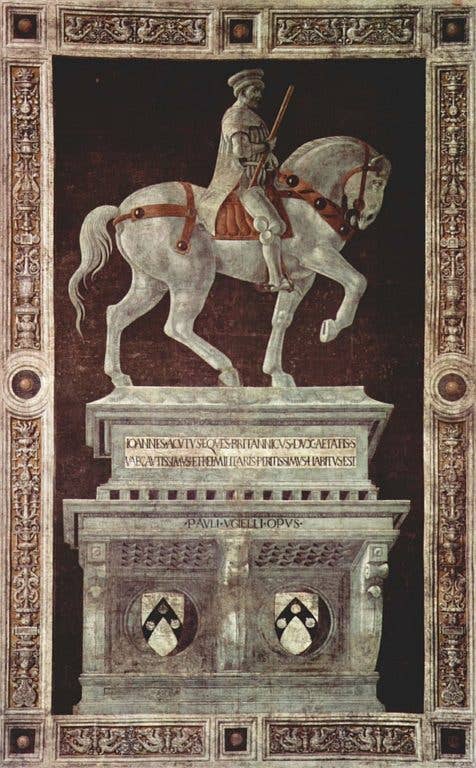 John Hawkwood lead The White Company, a fighting unit shrouded in both myth and reality. (Image: Funerary Monument to Sir John Hawkwood by Paolo Uccello, 1436)