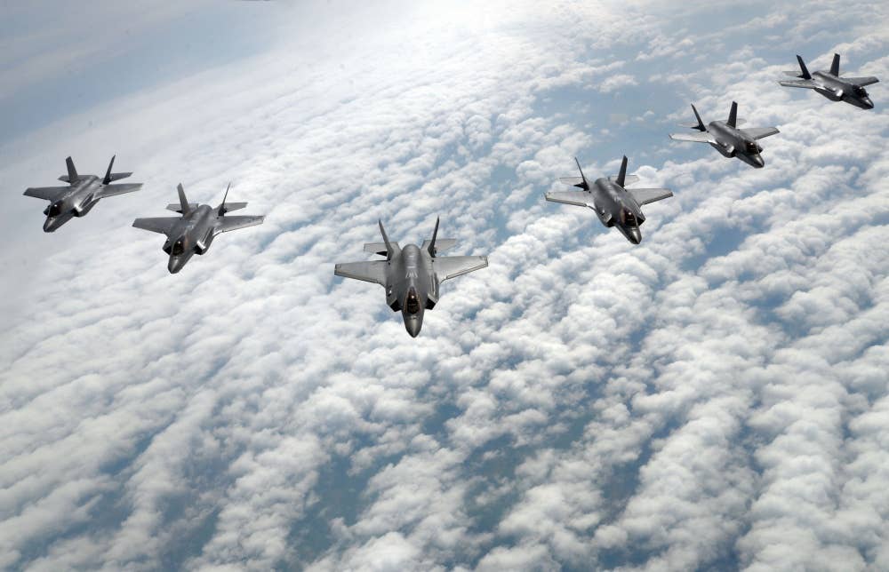 A group of USAF F-35As in formation near Hill AFB, Utah (Photo US Air Force)