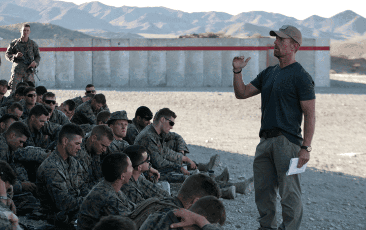 Scott Huesing as he speaks to Marines stationed in 29 Palms..