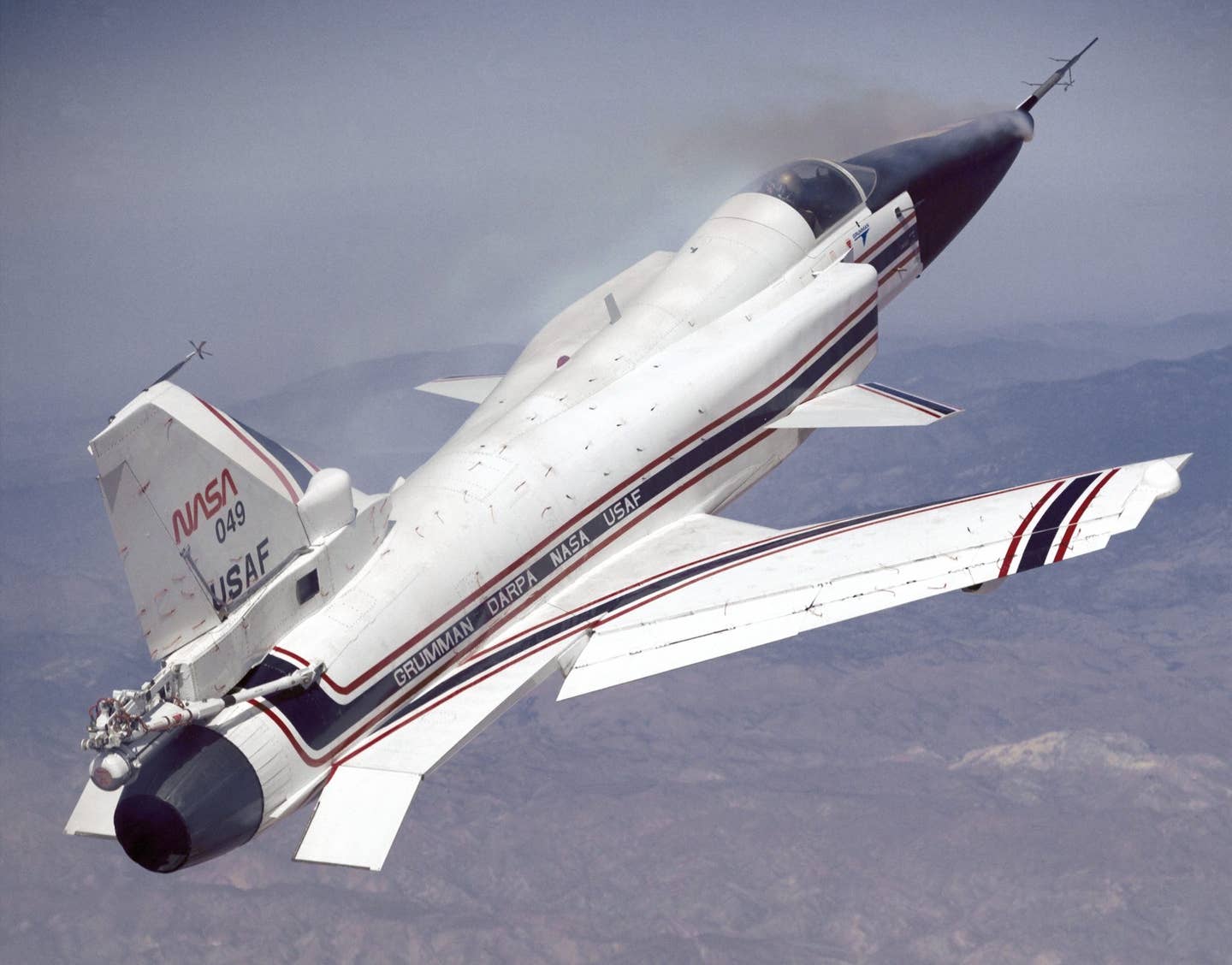 The X-29 shows moves that could make it a good dogfighter. (NASA photo)