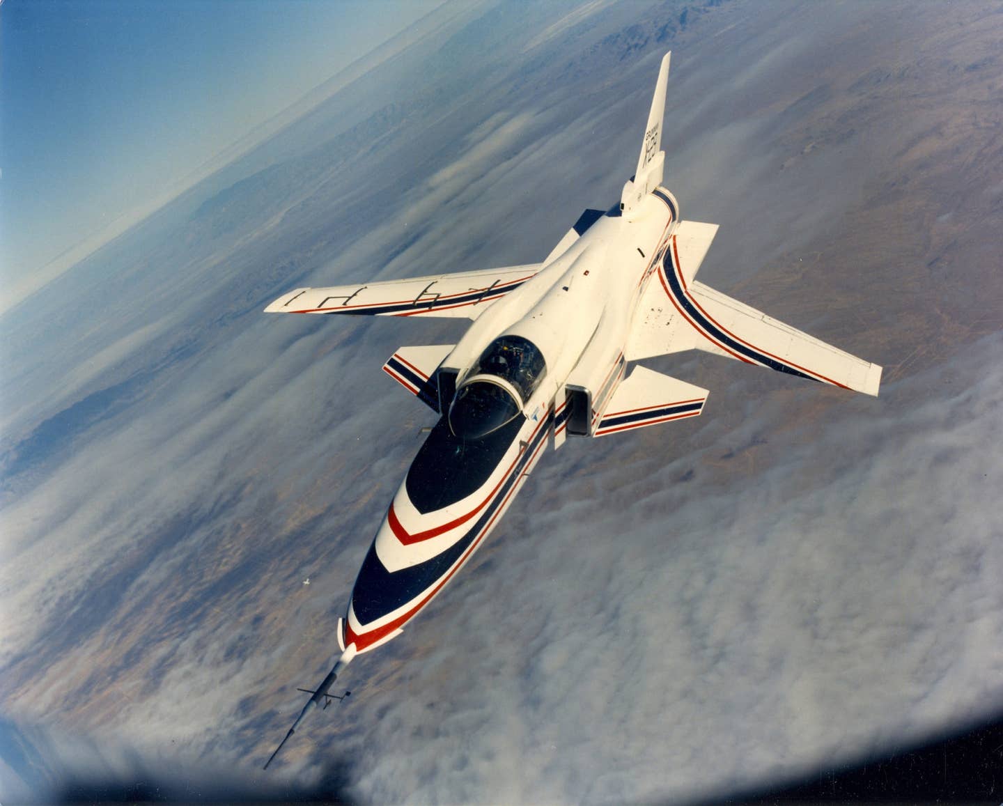 The X-29 in flight, with a good look at the front. (USAF photo)