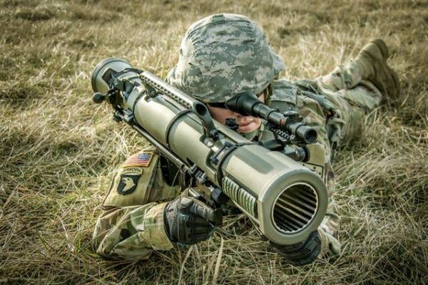 A soldier tests the recoilless rifle known as the M3E1 Multi-role Anti-armor Anti-personnel Weapon System. (U.S. Army photo)