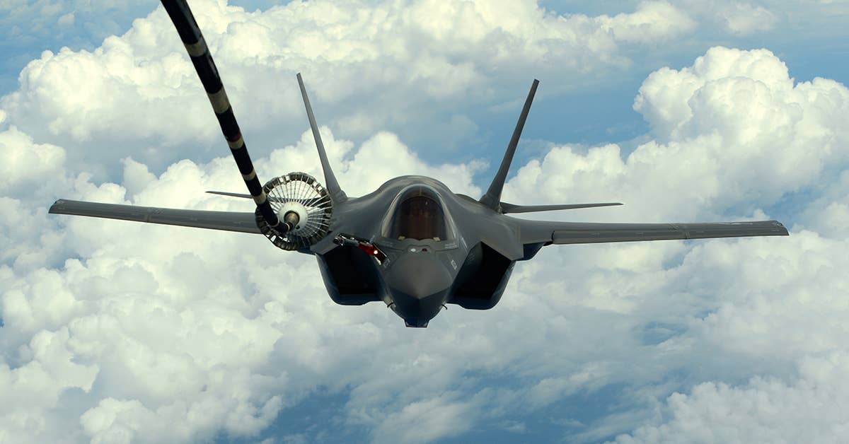 A Navy F-35C Lightning II is drogue refueled by a KC-10A during a training mission near Eglin Air Force Base, Fla., April 10, 2015. (U.S. Air Force photo by Staff Sgt. Brian Kelly)