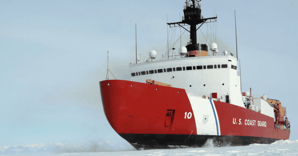 The Coast Guard Cutter Polar Star, with 75,000 horsepower and its 13,500-ton weight, is guided by its crew to break through Antarctic ice en route to the National Science Foundation's McMurdo Station, Jan. 15, 2017. (U.S. Coast Guard photo by Chief Petty Officer David Mosley)