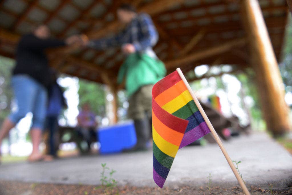 A rainbow flag is placed in the ground for Lesbian, Gay, Bisexual and Transgender Pride Month during the Picnic in the Park at Nussbaumer Park, June 27, 2015, in Fairbanks, Alaska. More than 200 flags were handed out to members of the 354th Fighter Wing and members of the local community. (U.S. Air Force photo by Senior Airman Ashley Nicole Taylor)