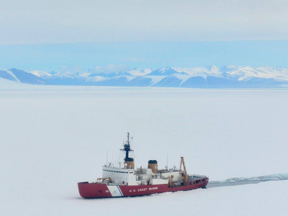 The Coast Guard cutter Polar Star breaks ice in McMurdo Sound near Antarctica, January 10, 2018. (U.S. Coast Guard photo by Chief Petty Officer Nick Ameen)