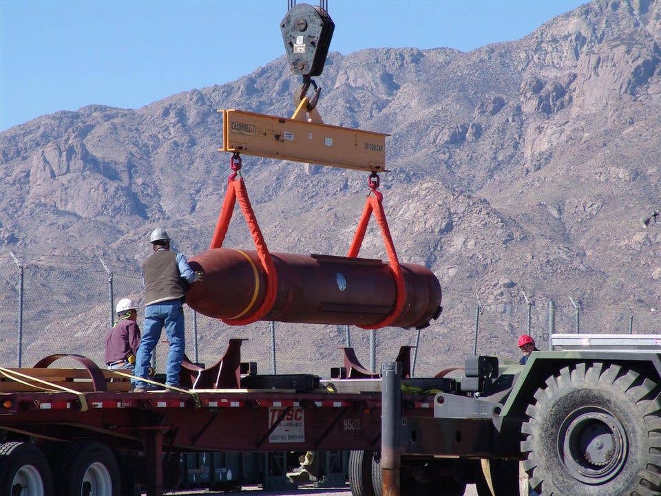 The Defense Threat Reduction Agency Massive Ordnance Penetrator conventional bomb being off-loaded at White Sands Missile Range, New Mexico, March 2007. (Image from Defense Threat Reduction Agency)