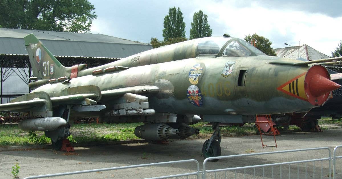 A retired Su-22M-4 attack fighter used by Czechoslovak army. Photo from Wikimedia Commons.