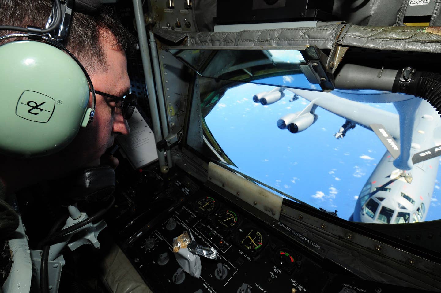 SEYMOUR JOHNSON AIR FORCE BASE, N.C. -- A member of the 916th Air Refueling Wing off-loads fuel to a B-52 over the Pacific near Guam.