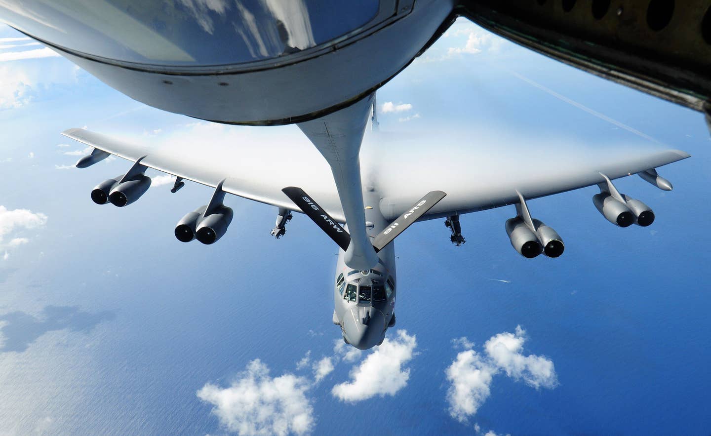 SEYMOUR JOHNSON AIR FORCE BASE, N.C. -- Airmen of the 916th begin to return to home in early November after a deployment to Guam supporting the bomber mission. Here, a KC-135 tanker refuels a B-52.