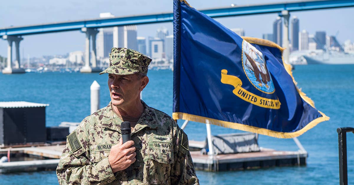Vice Chief of Naval Operations Adm. Bill Moran speaks during an awards ceremony for Explosive Ordnance Disposal Mobile Unit Three at Naval Amphibious Base, Coronado. US Navy photo by (Mass Communication Specialist 3rd Class Christopher A. Veloicaza.)