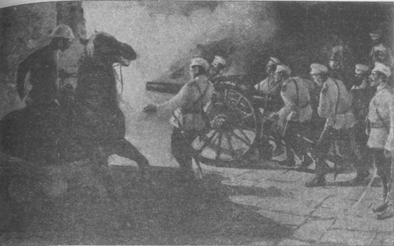 Russian cannons firing at Beijing gates during the night. August, 14, 1900.