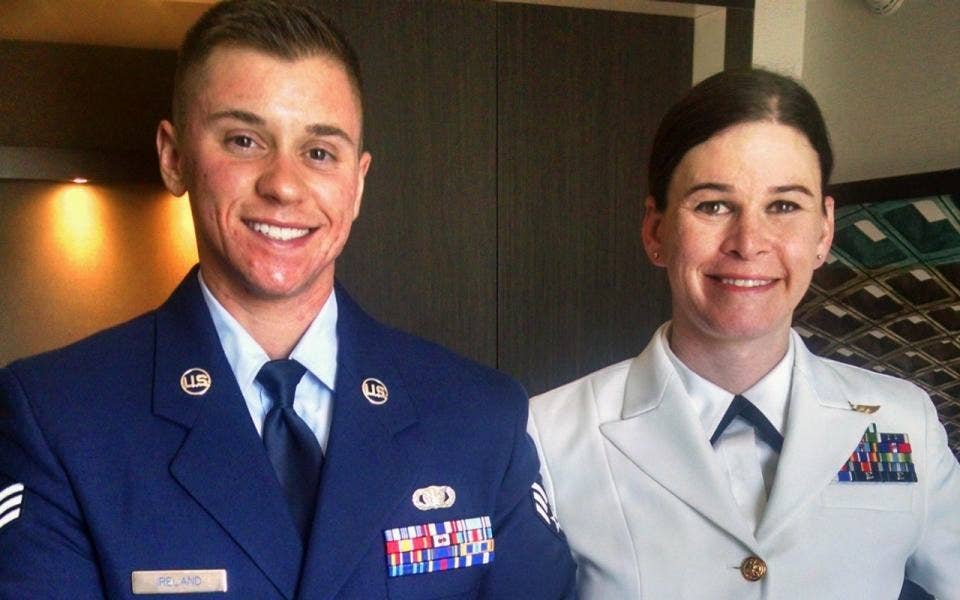 Transgender airman Logan Ireland, left, and former Navy reservist Brynn Tannehill at a White House LGBT pride reception in Washington, June 24, 2015.