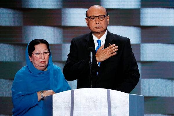 Khizr Khan, father of fallen U.S. Army Capt. Humayun S. M. Khan, next to his wife Ghazala, speaks during the final day of the Democratic National Convention in Philadelphia , Thursday, July 28, 2016. | YouTube