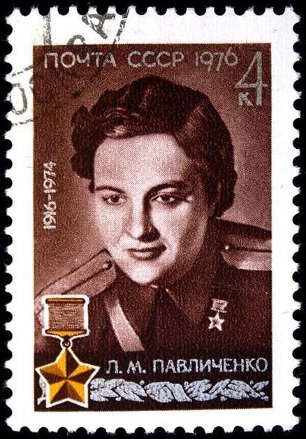 A Soviet Union-issued postage stamp dedicated to Pavlichenko