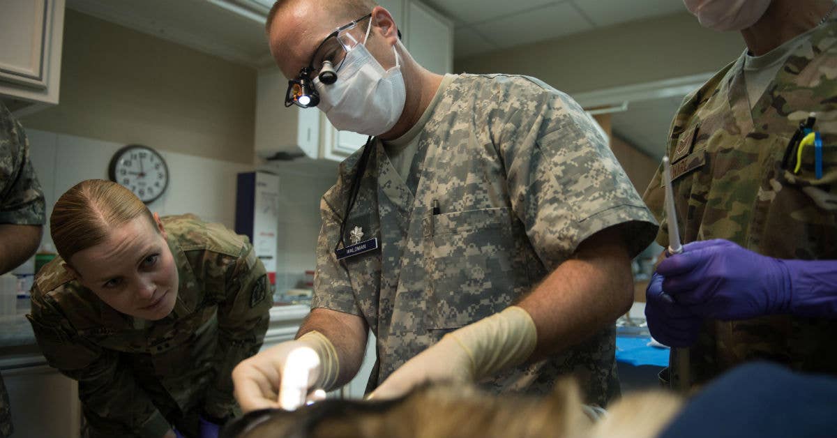 Army Capt. Margot Boucher (left), the 358th Medical Detachment officer-in-charge of the base Veterinary Treatment Facility, observes Air Force Lt. Col. Brent Waldman (center), the 386th Expeditionary Medical Operations flight commander and dentist, as he performs a root canal on a military working dog. Photo by Tech. Sgt. Jonathan Hehnly.