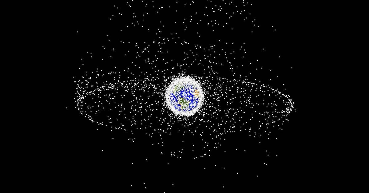 A computer-generated image of objects in Earth orbit that are currently being tracked. Approximately 95% of the objects in this illustration are orbital debris. (Image from NASA.)