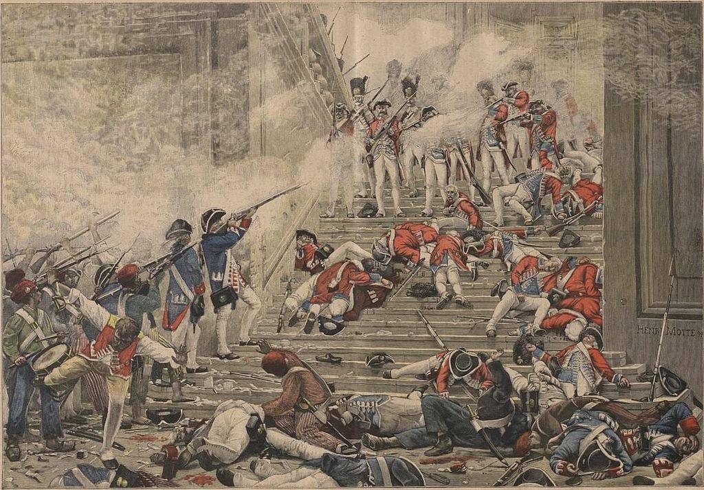 Swiss Guards defending Louis XVI's palace during the French Revolution.