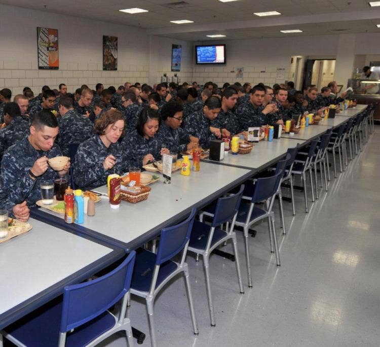 U.S. Navy recruits eat lunch in the galley of the USS Triton barracks at Recruit Training Command, the Navy's only boot camp, Oct. 31, 2012.. (U.S. Navy photo by Scott A. Thornbloom)