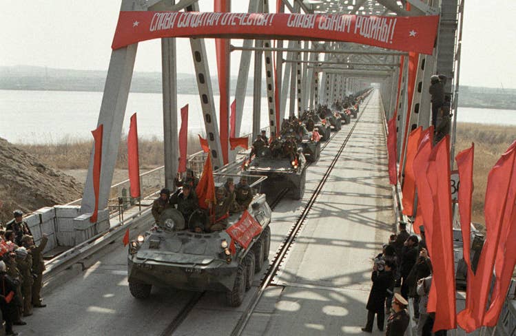 Soviet Troops Withdraw from Afghanistan into Uzbekistan, Feb. 15, 1989.