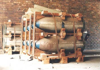 Bomb casings at South Africa's abandoned Circle nuclear bomb production facility near Pretoria. These most likely would have accommodated a gun-type nuclear package for air delivery