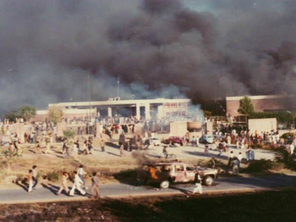 The U.S. embassy in Islamabad burning (Library of Congress)