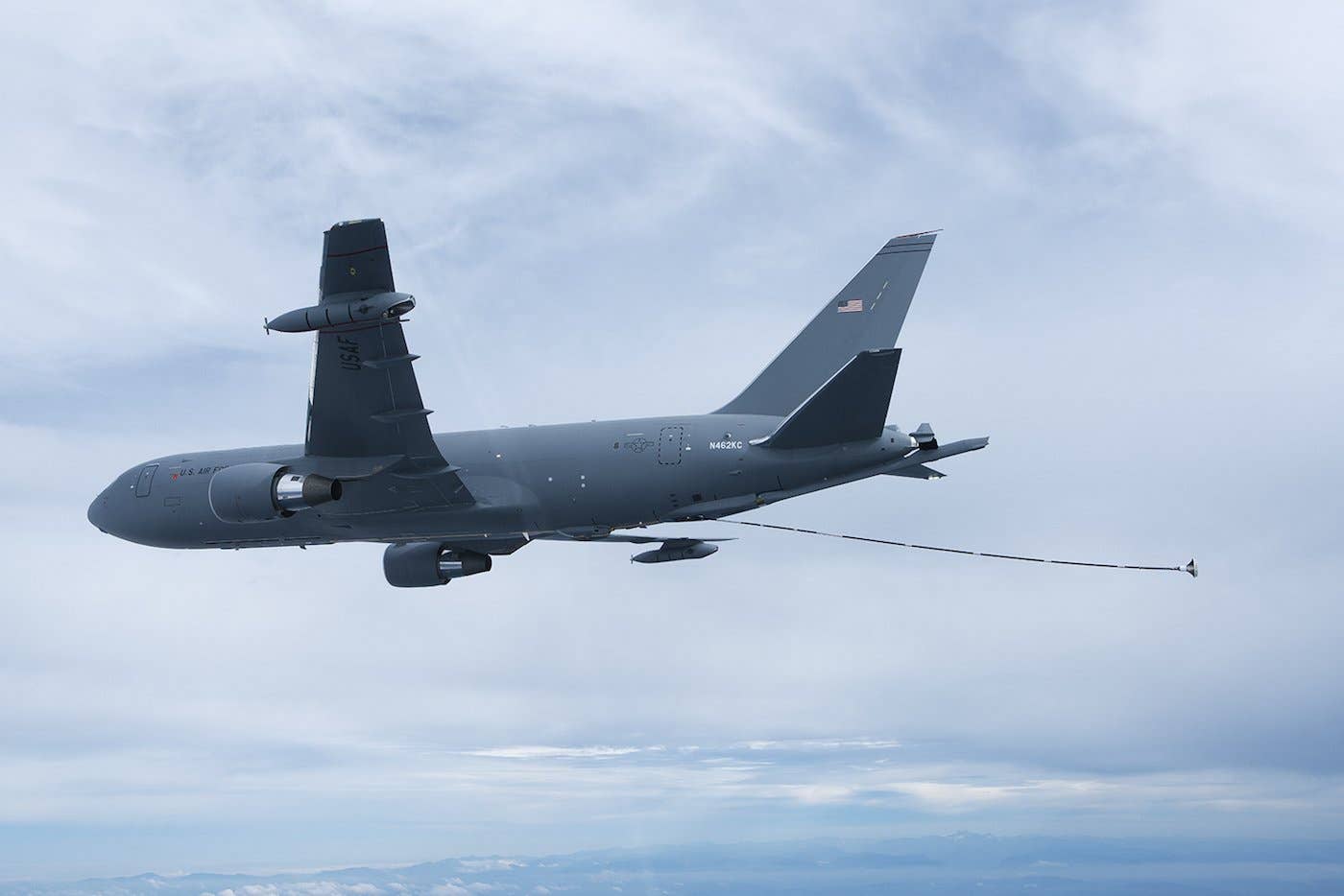 The KC-46A Pegasus deploys its centerline drogue system, October 8, 2015. (Boeing photo by John D. Parker)