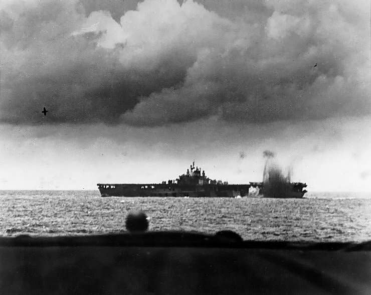 A Japanese bomb nearly hits an American ship during the Battle of the Philippine Sea. (Photo: US Navy)