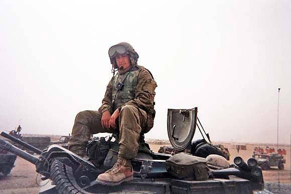 Sgt. Major Justin LeHew aboard a P781- RAM/RS Amphibious Assault Vehicle at Camp Shoup, Kuwait on March 17, 2003.
