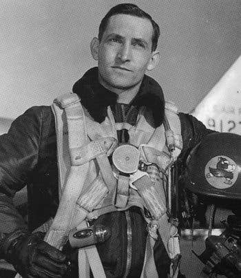 Colonel George A. Davis in front of his F-86 Sabre.