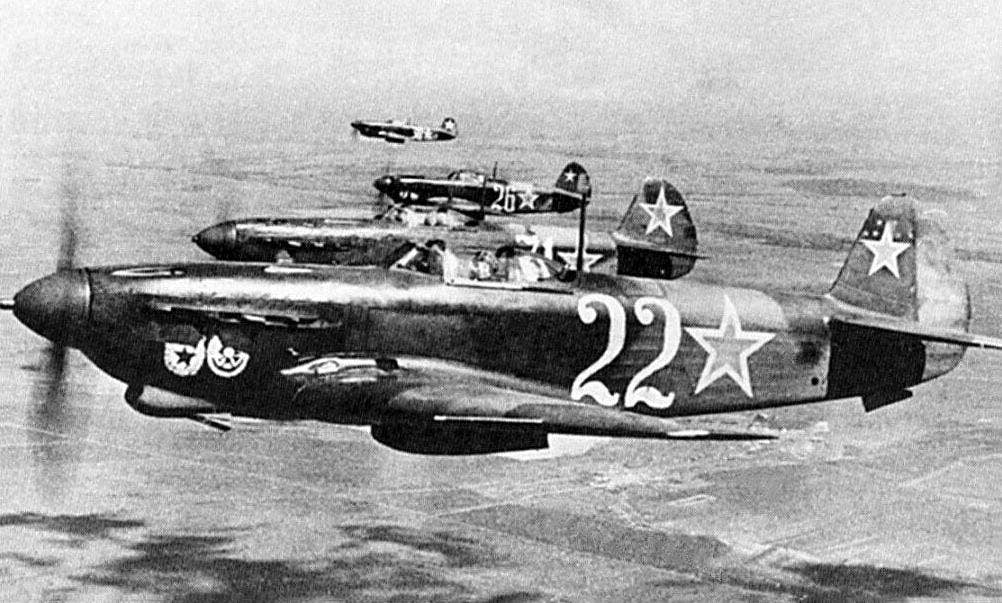 Soviet Yak-9s in flight. 'The pilots who flew it regarded its performance as comparable to or better than that of the Messerschmitt Bf-109G and Focke-Wulf Fw 190A-3/A-4. (Wikimedia Commons)