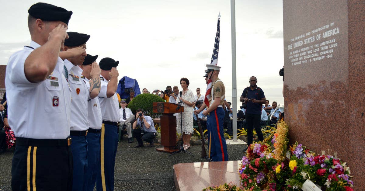 Gen. Robert B. Neller lays a wreath during the 75th Anniversary of the Battle for Guadalcanal ceremony. Army photo by Staff Sgt. Armando R. Limon, 3rd Brigade Combat Team, 25th Infantry Division.