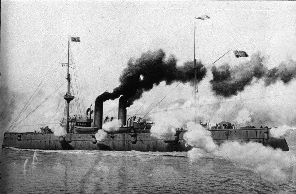 The USS Raleigh in action against the Spanish in 1898.