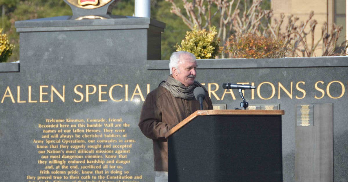 Bob Charest addresses the crowd during a 2014 ceremony. Army photo by Sgt. Daniel Carter