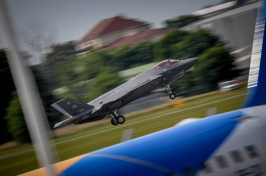 An F-35A Lightning II from Hill Air Force Base, Utah, lands after performing a flight demonstration at the Paris Air Show June 20, 2017 at Le Bourget, France. This is the first time the F-35 has performed aerial demonstrations at an international air show. (U.S. Air Force photo/ Tech. Sgt. Ryan Crane)