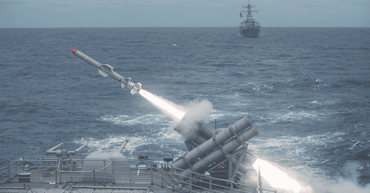 A Harpoon missile is launched from the Ticonderoga-class guided-missile cruiser USS Shiloh (CG 67) during a live-fire exercise. Shiloh is on patrol with the George Washington Carrier Strike Group supporting security and stability in the Indo-Asia-Pacific region. (U.S. Navy photo by Mass Communication Specialist 3rd Class Kevin V. Cunningham)