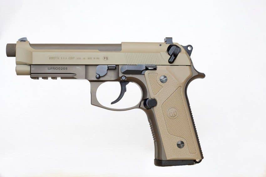 A side view of the M9A3, showing, among other things, the new magazine release and providing a good look at the Flat Dark Earth finish. (Photo from Beretta)