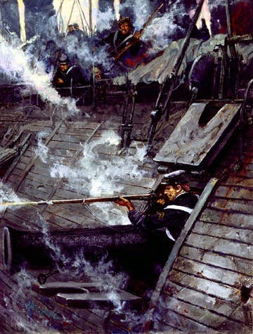 Cpl Mackie aboard the USS Galena at Drewry's Bluff. (Painting: U.S. Marine Corps)