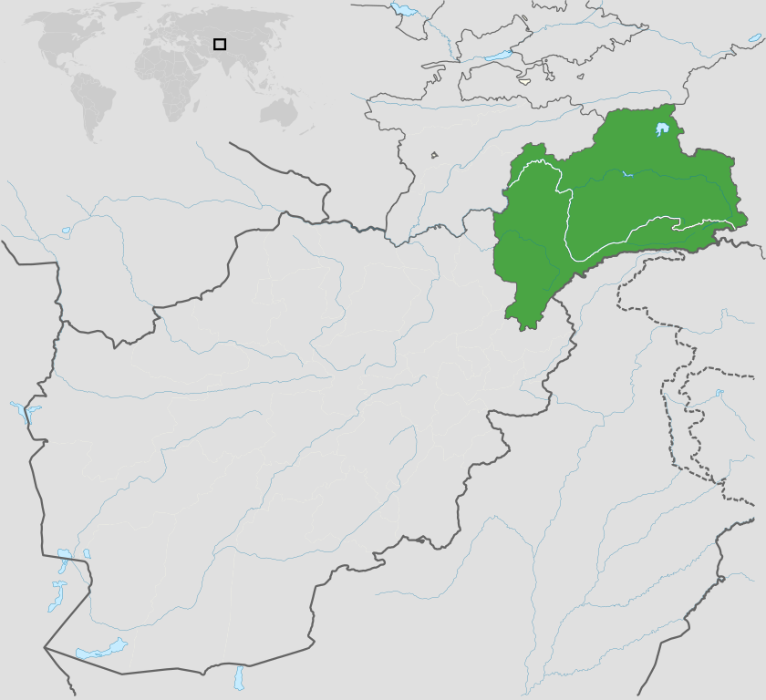 The green area of this map shows the Badakhshan region, divided between Afghanistan, Pakistan, and Tajikistan. (Wikimedia Commons map by Wereldburger758)