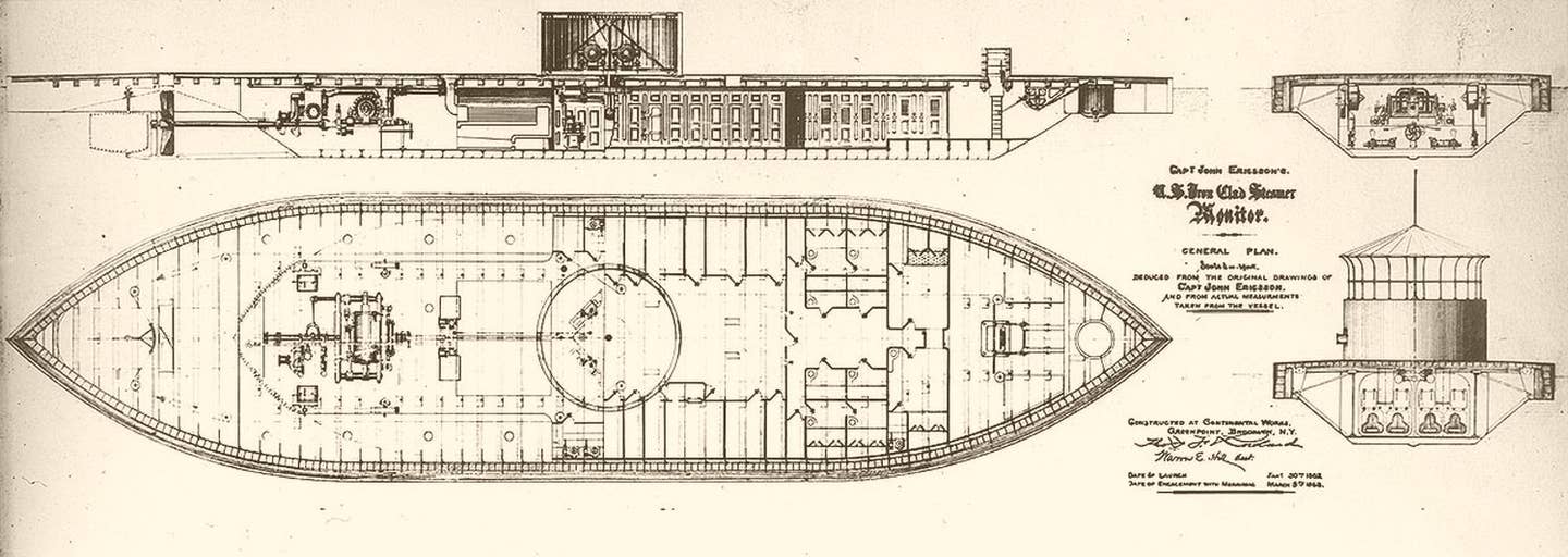These plans of USS Monitor show the advanced technology that the Navy adopted in the Civil War: Steam engines, iron armor, and a turret. (U.S. Navy photo)