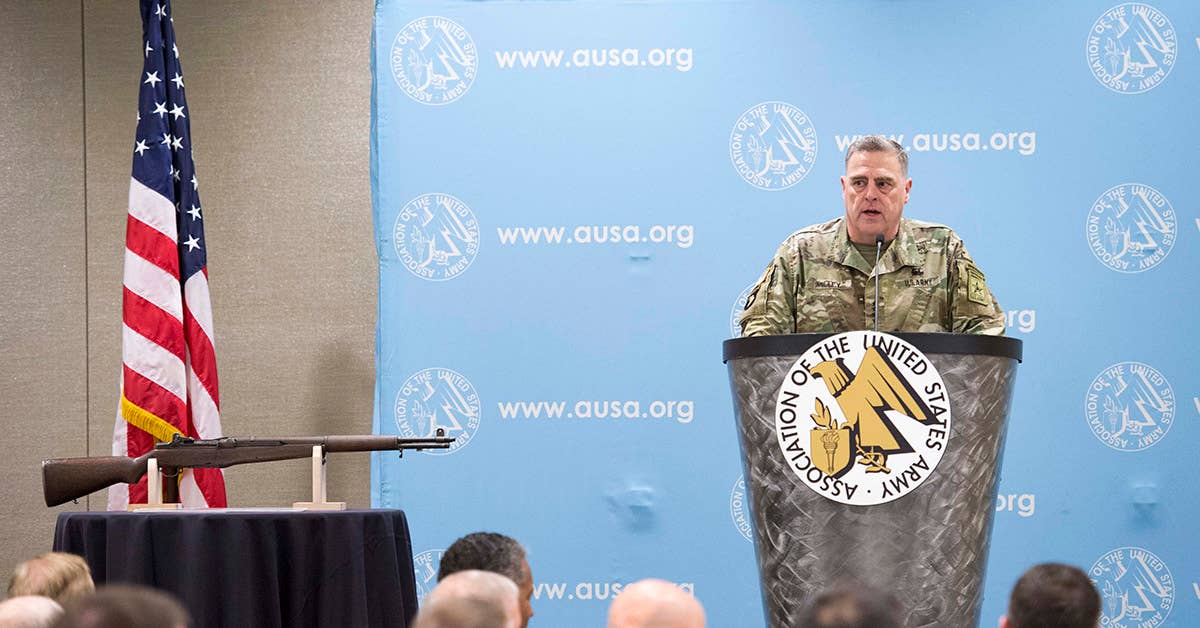 US Army Chief of Staff, Gen. Mark A. Milley, speaks to an audience at the Association of the United States Army's 293rd Institute of Land Warfare Breakfast. Army photo by Sgt. 1st Class Chuck Burden.